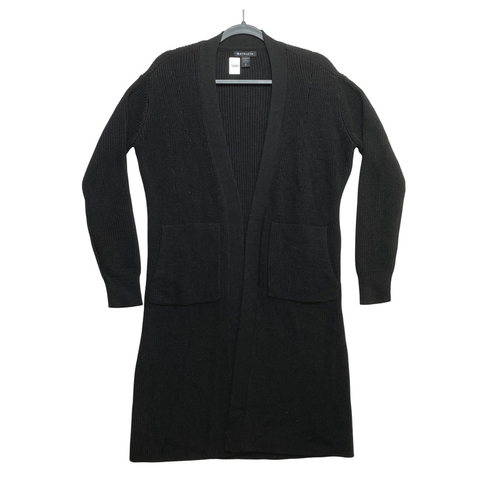 Athleta Cardigan Womens Small Black Scenic Wrap Wool Blend Ribbed Duster